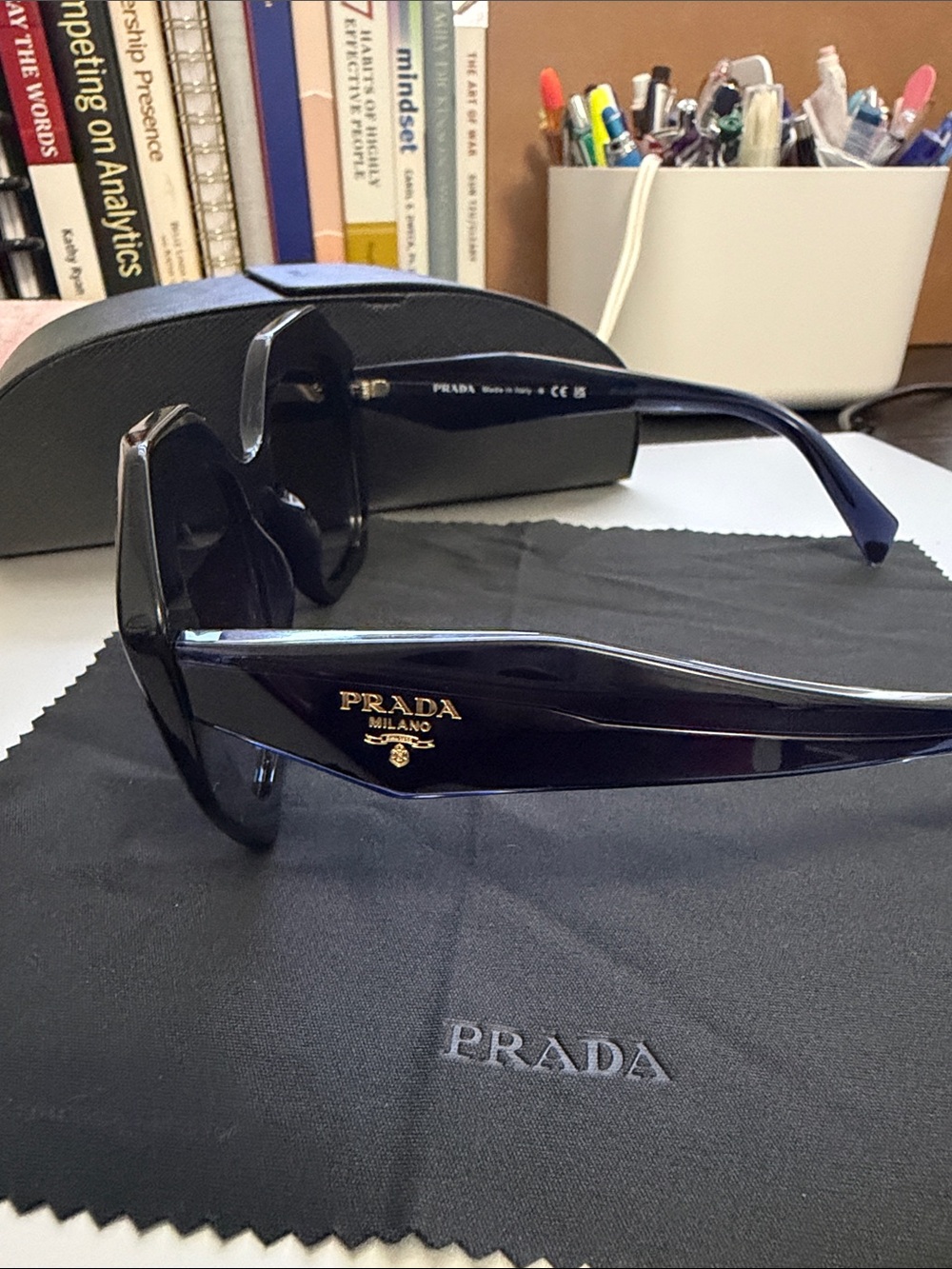 Prada Dark Blue Sunglasses with Gold Logo Accent - Picture 9 of 12